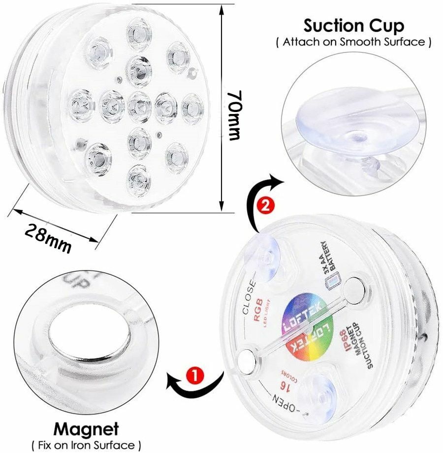 Swimming Pool Light 13 LED RGB Submersible Magnet Suction Cup Underwater Night