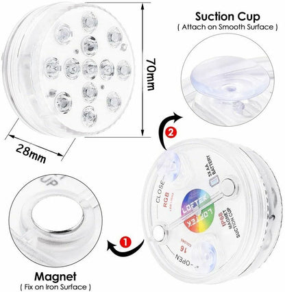 Swimming Pool Light 13 LED RGB Submersible Magnet Suction Cup Underwater Night