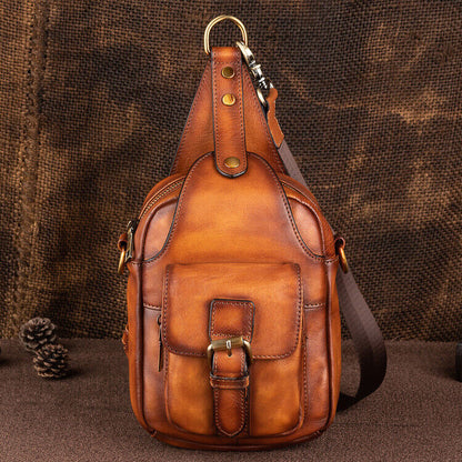 Men's Sling Backpack, 100% Cowhide Leather Vintage Chest Bag Crossbody Daypack