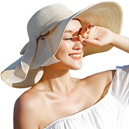 Womens Bowknot Straw Hat Foldable Beach Sun Hat Roll up Summer Caps 12 color