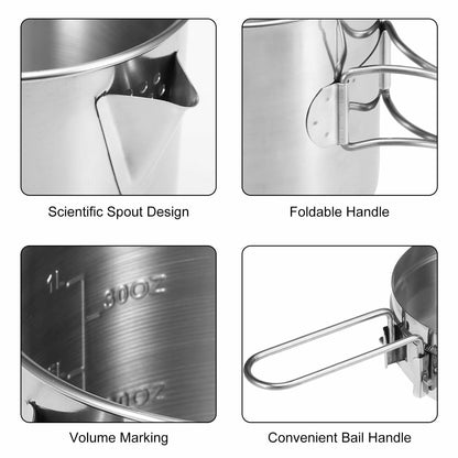 1L/1.2L Pot Set Camping Stainless Steel Cooking Kettle Portable Outdoor Picnic