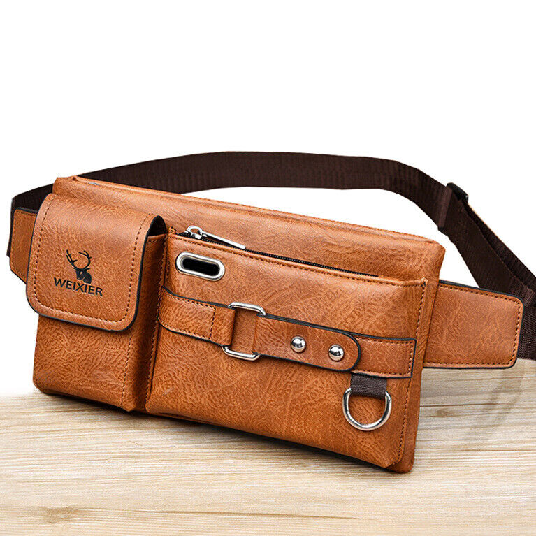 Men's PU Leather Crossbody Bag Outdoor Tactical Chest Pack Funny Waist Phone Bag