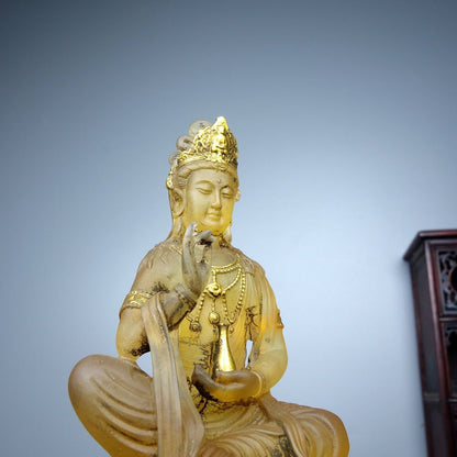 Collect China old Coloured glaze gilt carefully carve lotusbottle guanyin statue