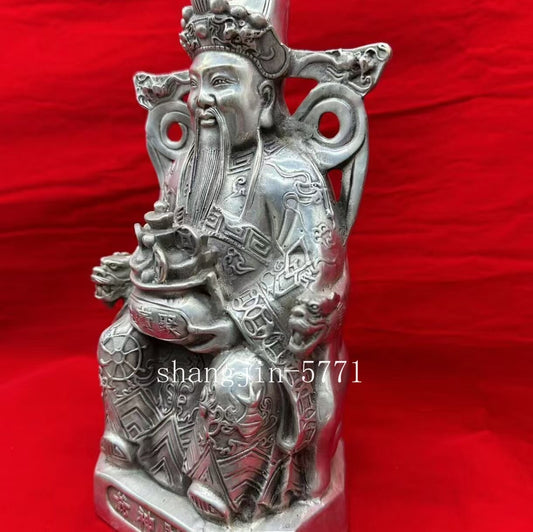Tibet Silver Chinese Wealth God Statue Feng Shui Money Figure Home Decor Collect