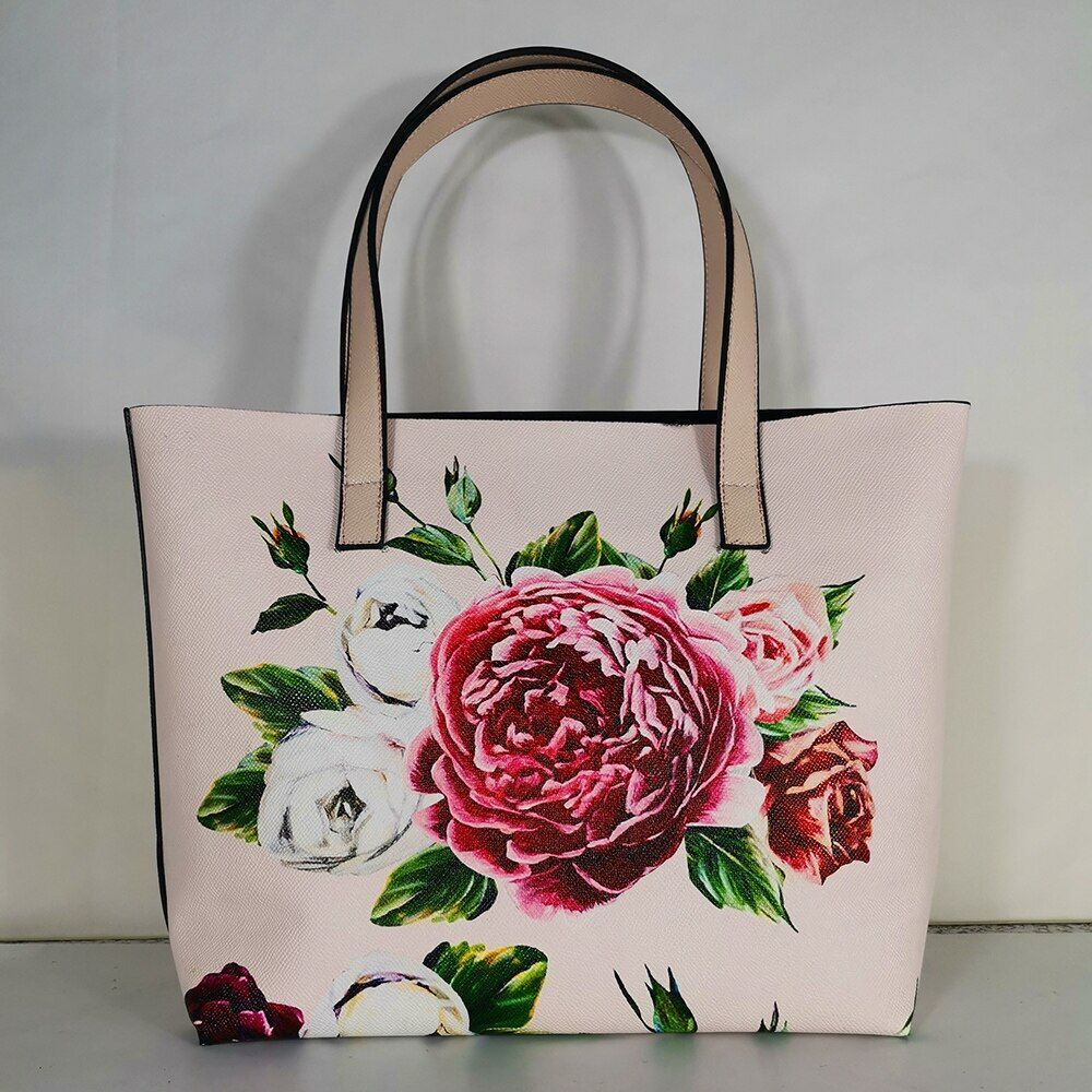 Floral Traveling Shoulder Bag Textured Leather Shopper Large Bag Women Handbags