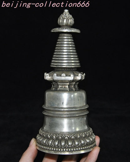 6.4'' Tibet Tibetan Silver Buddhism Temple Buddha Stupa Pagoda Tower Statue