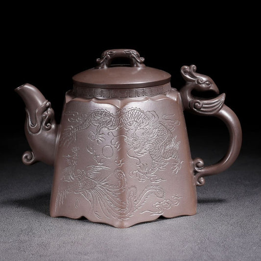 Vintage Chinese Yixing Purple Clay Teapot Zisha Ceremony Carving Dragon Phoenix