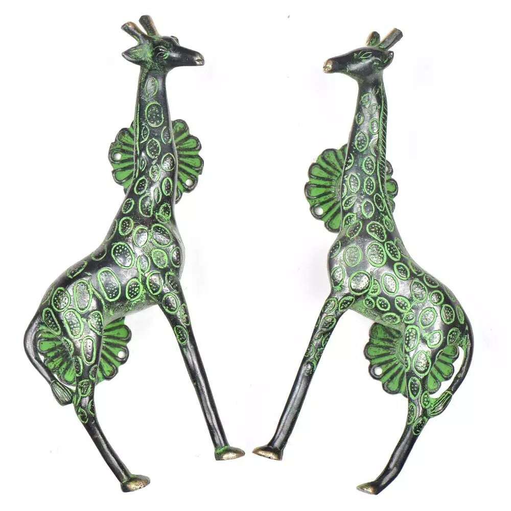 Set of 2 Antique Look Brass Decorative Green Patina Giraffe Door Handle