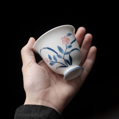 Hand Drawn Small Flowers White Porcelain High Foot Cup Personal Tea Single Cup
