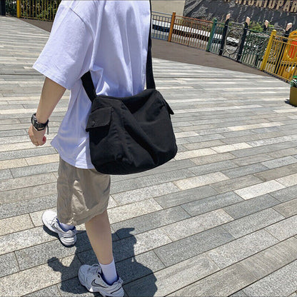 Large Capacity Canvas Shoulder Bag Solid Color School Messenger Bag Travel ⌒
