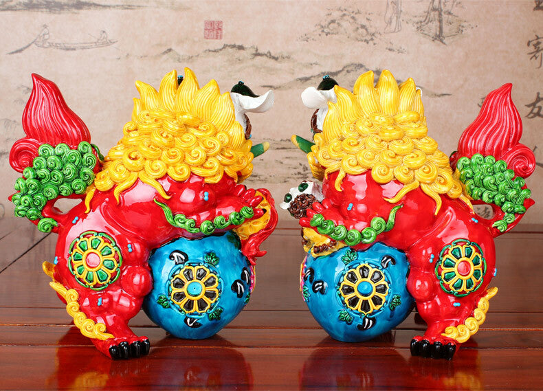 Pair Chinese Porcelain Lion Statue Evil Guardian Door Fu Foo Dog Feng Shui Decor