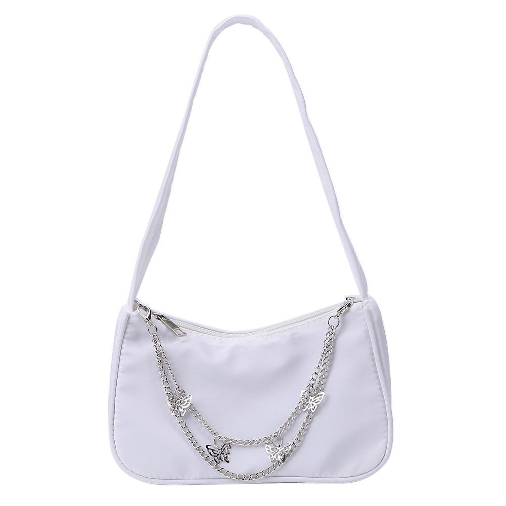 Women Small Shoulder Underarm Bag Leather Nylon Vintage Chain Zipper Handbags