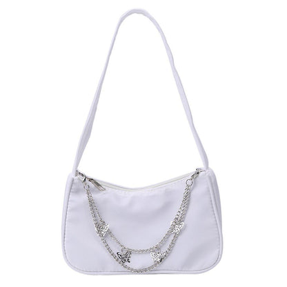 Women Small Shoulder Underarm Bag Leather Nylon Vintage Chain Zipper Handbags