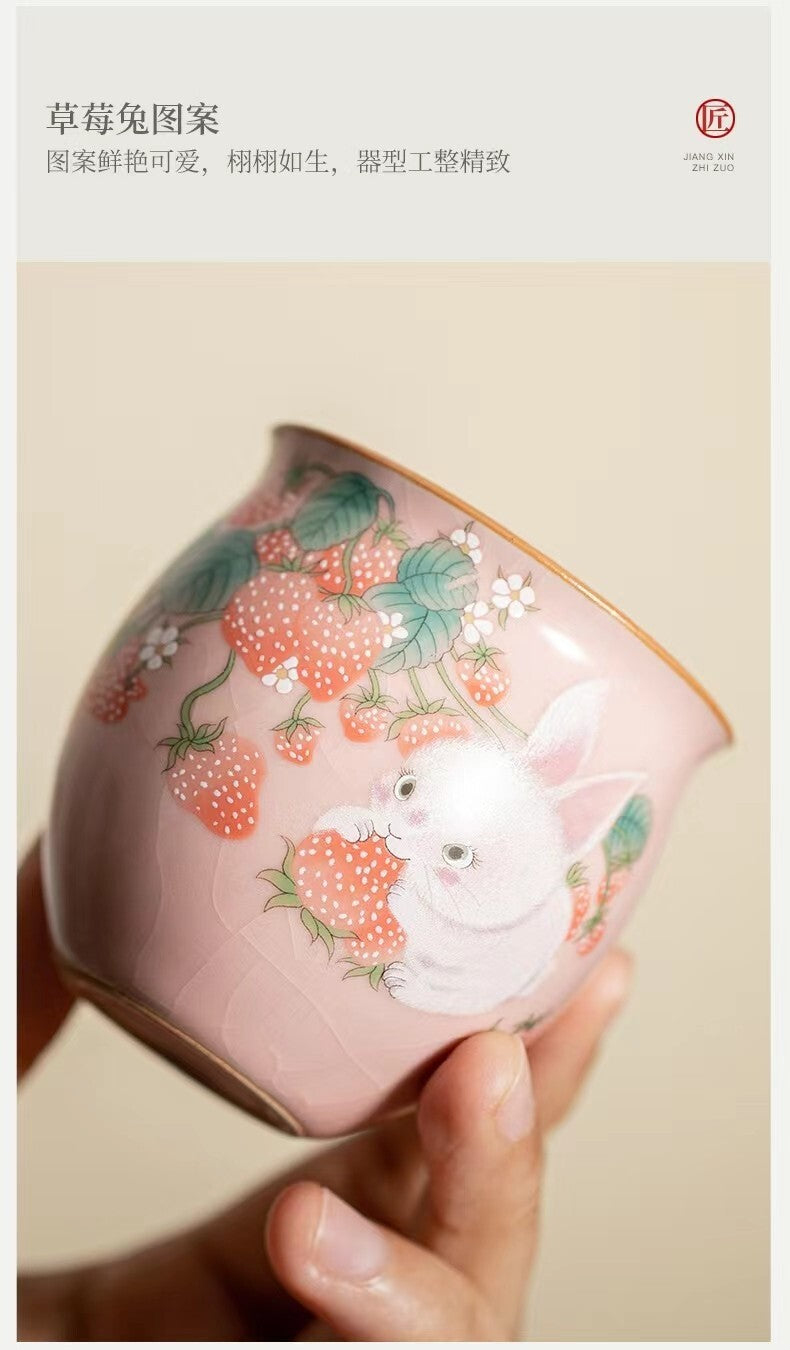 chinese ru ware porcelain tea cup : strawberry rabbit