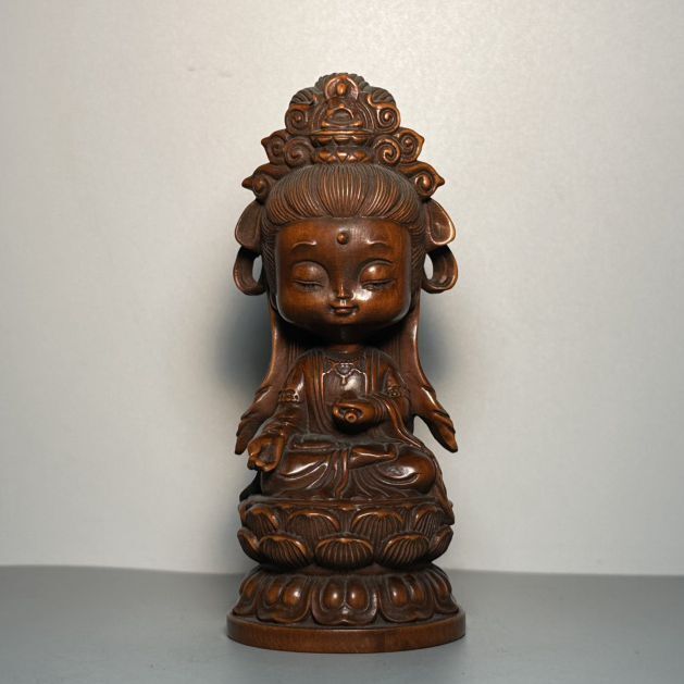 Vintage Chinese Boxwood Carving Baby Kuan Yin Statue Ornament Wood Figurine Gift