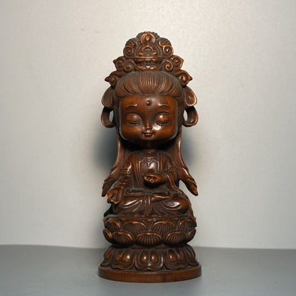 Vintage Chinese Boxwood Carving Baby Kuan Yin Statue Ornament Wood Figurine Gift