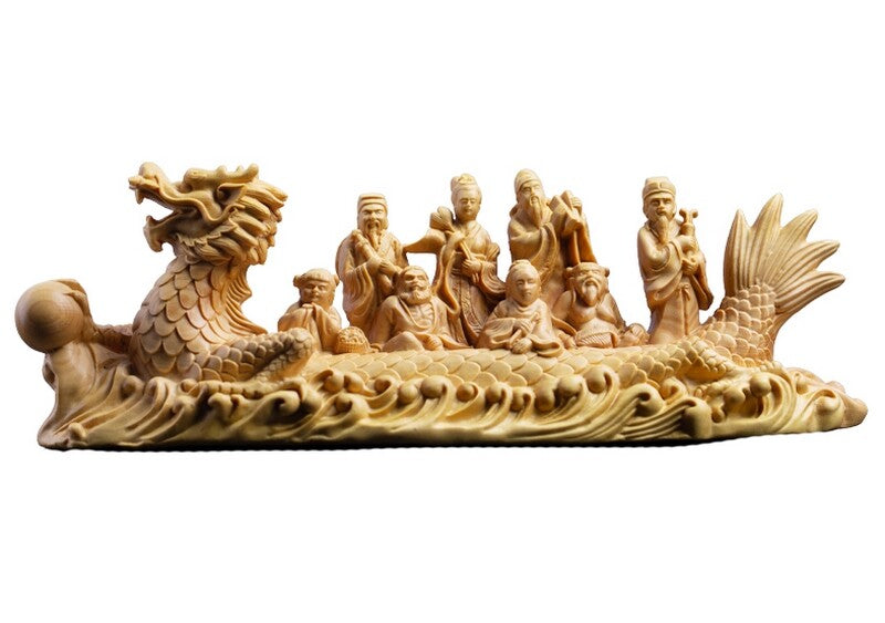 Boxwood Carved Eight Immortals Cross the Sea Statue Dragon Boat Feng Shui Decor