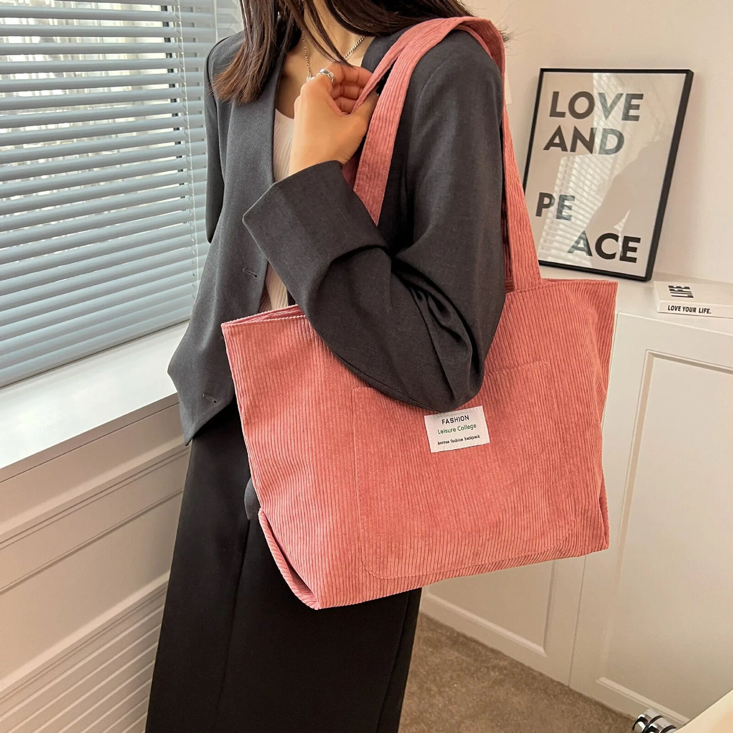 Corduroy Shoulder Bag Simple Handbag Leisure Student Side Bags for Woman