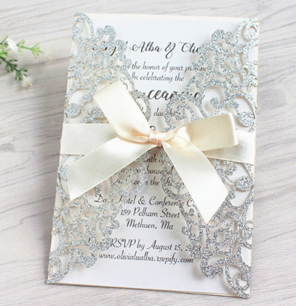 50X Glitter Wedding Invitation Card Laser Cut Romantic Party Floral Personalize