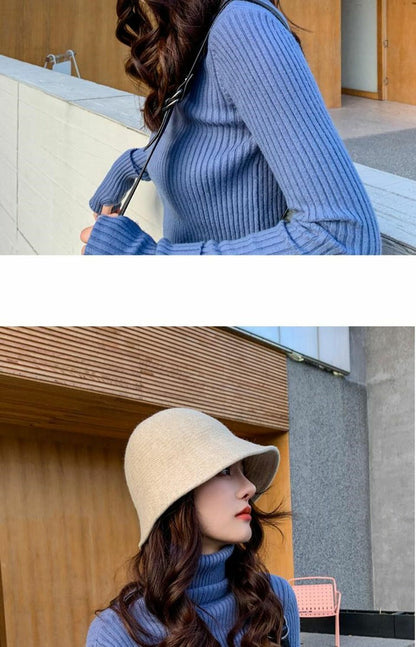 Women's Bucket Hat Warm Winter Teens Felt Wool Fur Black Cap Solid Multifunction