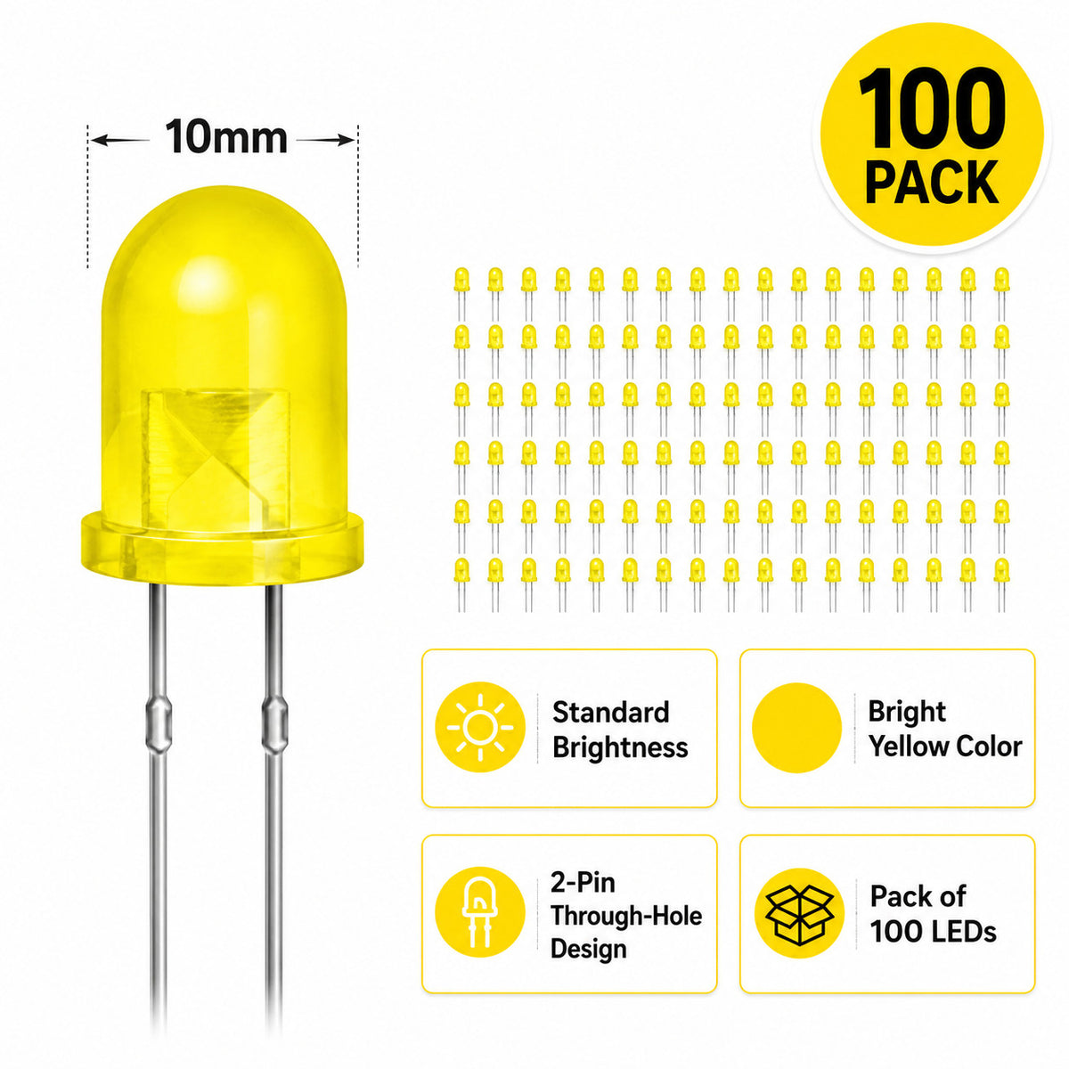 10mm Jumbo Round Yellow Diffused LED, 2-Pin Through-Hole, 1.8–2.2V 20mA - 100...