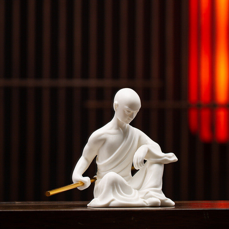 Porcelain Monk Statue Chinese Kungfu Posture Shaolin Monk Boy With Bar Tea Pet