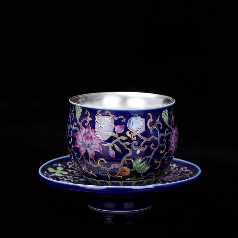 Color Enamel Craft Porcelain Pure Silver Tea Cup With Saucer On Sales 80ml New