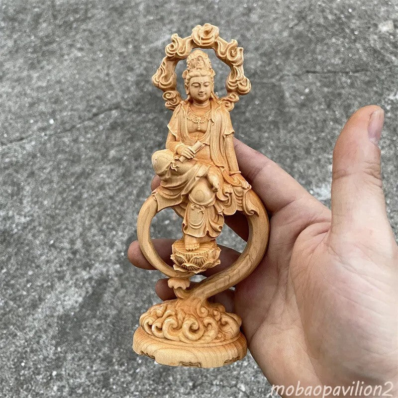 17*7.5*4.5cm Bodhis Wood Carving Auspicious Carving Buddhist Guanyin Figurine
