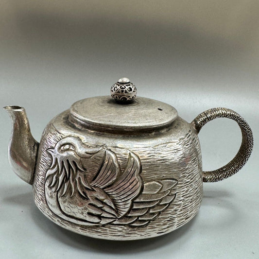 Silver Plated Copper Teapot Mandarin Duck Pattern Vintage Handcrafted Tea Decor