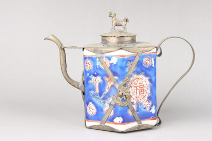 5.1" old Antique China Feng Shui porcelain inlaid with Tibetan silver Teapot