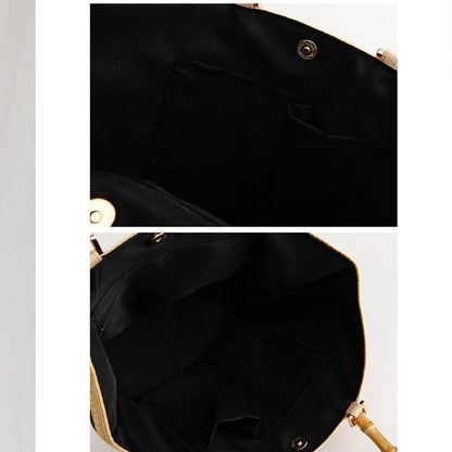 Fashion Bag Shoulder Striped Straw Bamboo Handle Handbag Woven Bags Purse Hasp