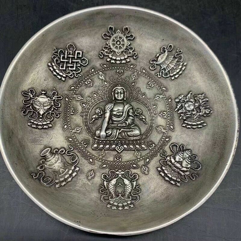 Old Chinese Exquisite Cupronickel Handcarved Buddha Eight Treasures Plate Mark
