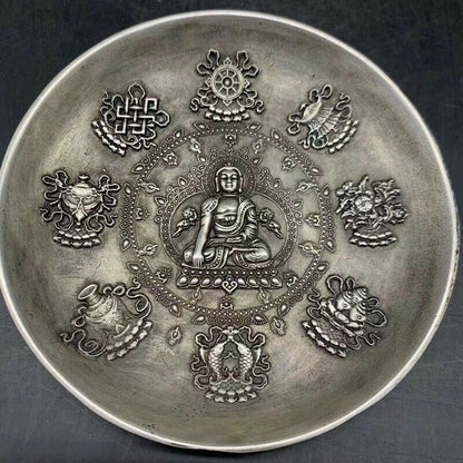 Old Chinese Exquisite Cupronickel Handcarved Buddha Eight Treasures Plate Mark