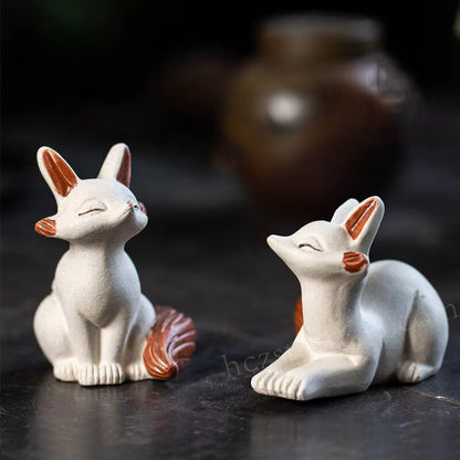 Yixing Purple Sand Tea Pet Handmade White Section Mud Make Fox Figurine Tea Play