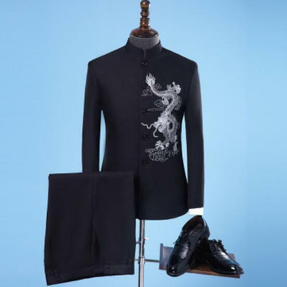 New Mens Chinese Embroidered Stand Collar Suit Slim Fit Jacket Pants Coat 2 Pcs