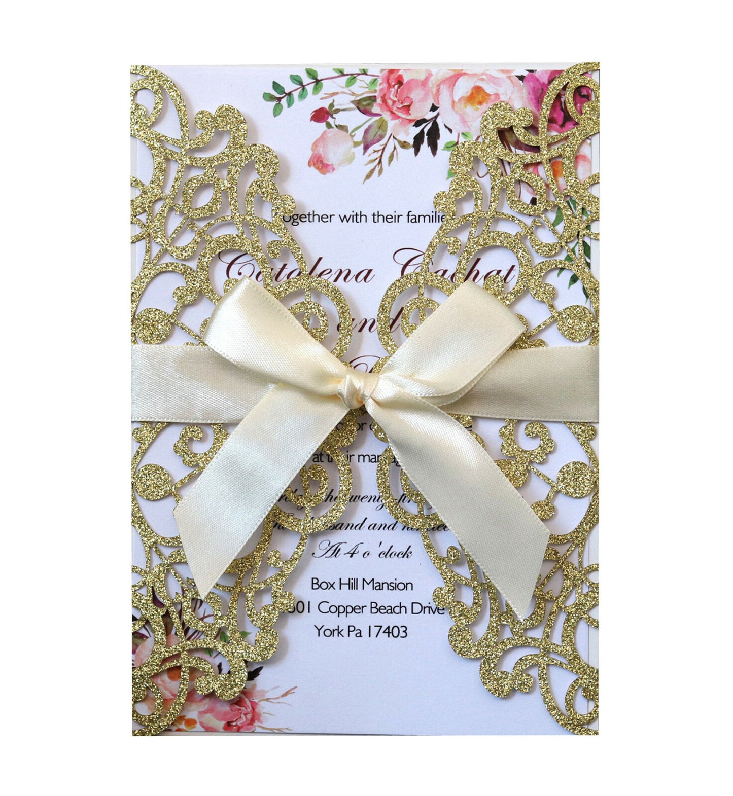 50X Glitter Wedding Invitation Card Laser Cut Romantic Party Floral Personalize
