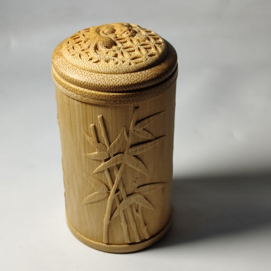 Chinese Antique style Old Bamboo Carved Bamboo Statue Tea Can Caddy Canister Pot
