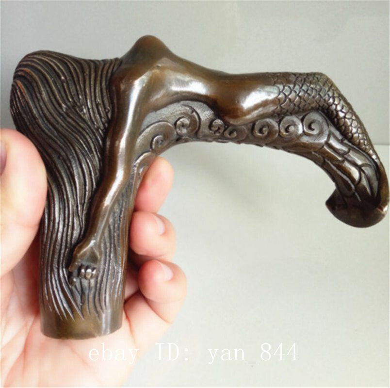 Collect Old Brass Auspicious Hand Carved Mermaid Statue Walking Stick Cane Head