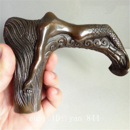 Collect Old Brass Auspicious Hand Carved Mermaid Statue Walking Stick Cane Head