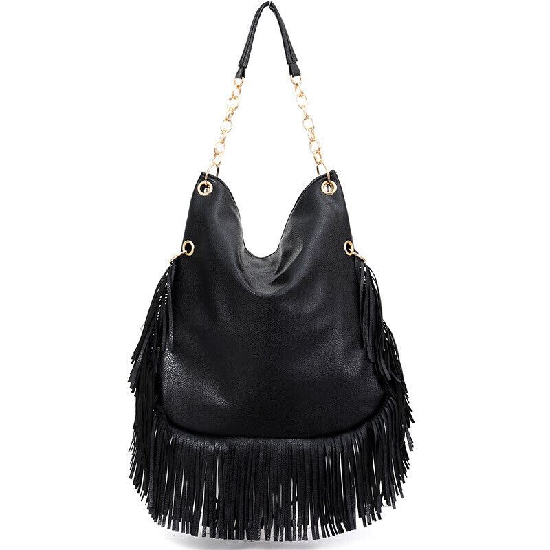 Celela Bohemian Style Retro Fashion Trend Rivets Leather Tassel Shoulder Bag