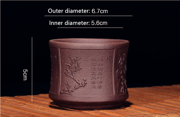2.7oz Zisha Tea Cup Real Yixing Purple Grit Cup Handmade Carved Words Bamboo Cup