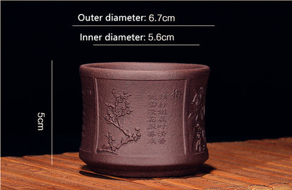 2.7oz Zisha Tea Cup Real Yixing Purple Grit Cup Handmade Carved Words Bamboo Cup