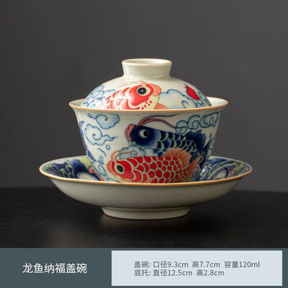 Traditional Chinese Style Koi Fish Gaiwan 120ml Three-Piece Tea Bowl