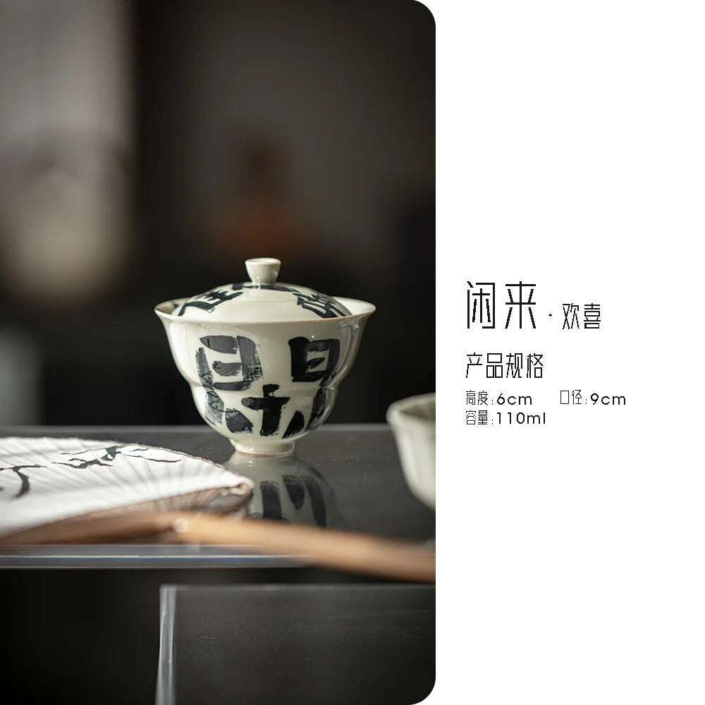 Plant Gray Ceramic Tea Tureen Handwritten Art Gourd Cover Bowl Gaiwan
