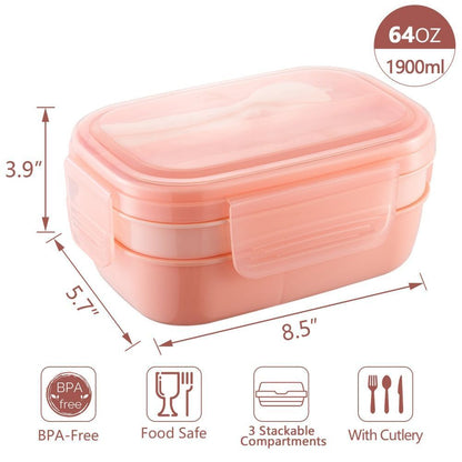 Bento Box 3 Layer Stackable Microwave Lunch Container Cutlery Set 21.5x14.5x10cm