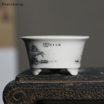 3.1in Home Desktop Flower Pot Creative Ceramic Bonsai Chinese Style Flower Pots
