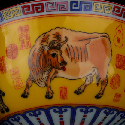 Jingdezhen Yellow Glazed Five Bull Pattern High Foot Bowl