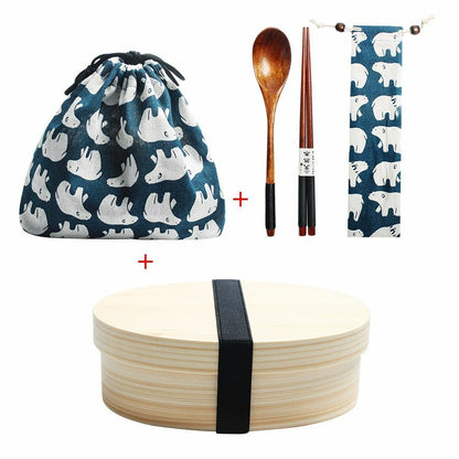 Wooden Lunch Box Picnic Japanese Bento School Kids Dinnerware Set Bag Spoon Fork