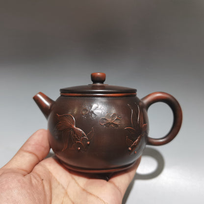 Chinese Yixing Zisha Clay Handmade Kiln change Fish Pattern Teapot