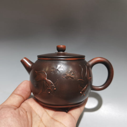 Chinese Yixing Zisha Clay Handmade Kiln change Fish Pattern Teapot